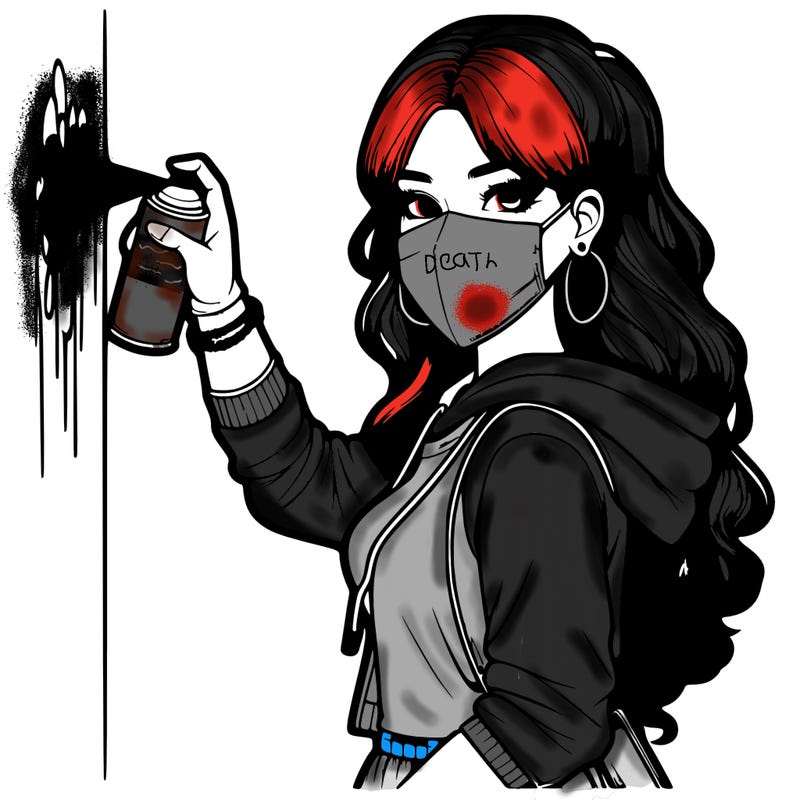 realistic girl with mask spray painting a wall