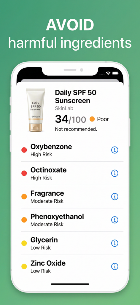 Yuka AI: Food & Cosmetic Scan - Yuka AI app screen showing harmful cosmetic ingredient risks and health score for sunscreen