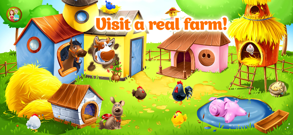 Animal Farm. Educational Games - Bright cartoon farm scene with friendly animals including a cow horse and pig