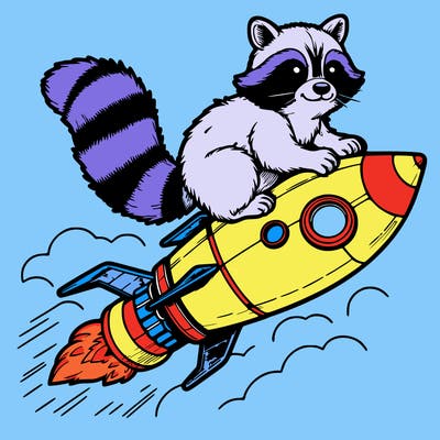 realistic raccoon flying on top rocket ship