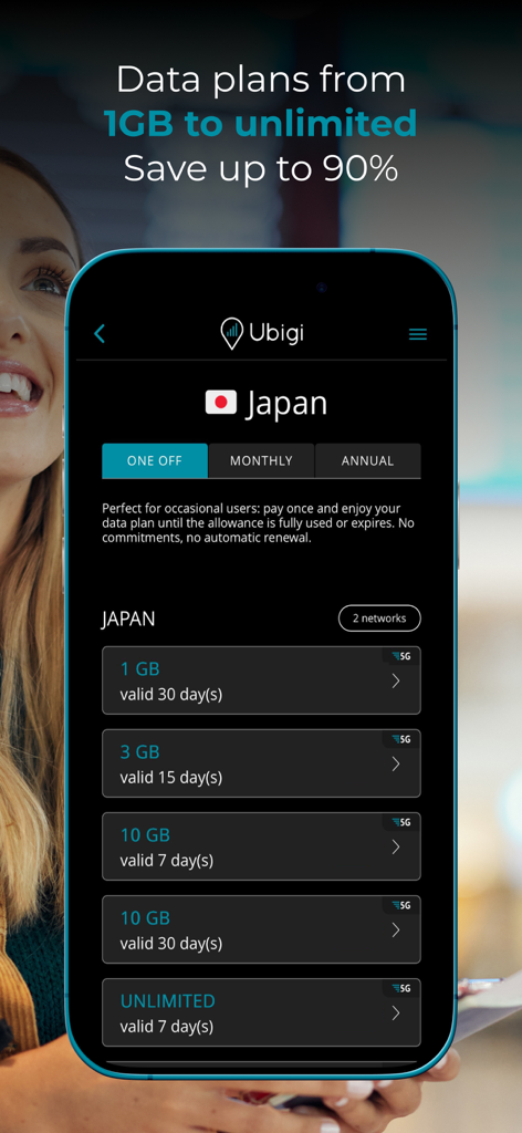 Application Ubigi affichant divers forfaits de données eSIM prépayés pour le Japon, allant de 1 Go à illimité