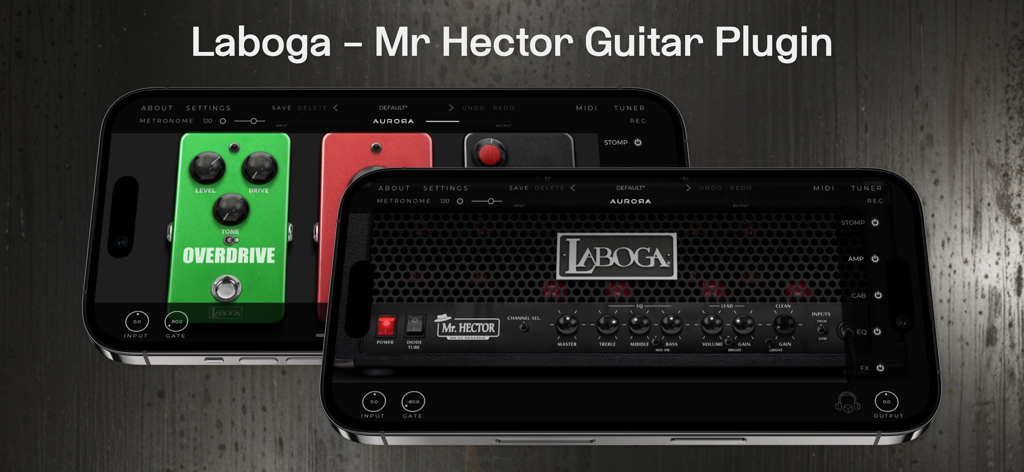 Laboga Mr Hector - Amp Sim - 2台のiPhoneに表示されたLaboga Mr Hectorギターアンプシミュレーターアプリのインターフェース、ペダルとアンプのコントロールを表示