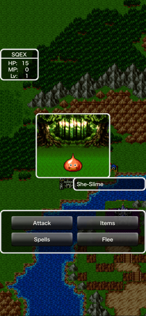 Pantalla de batalla de Dragon Quest para móvil mostrando un monstruo She-Slime y el menú de comandos RPG retro sobre un mapa del mundo pixelado.