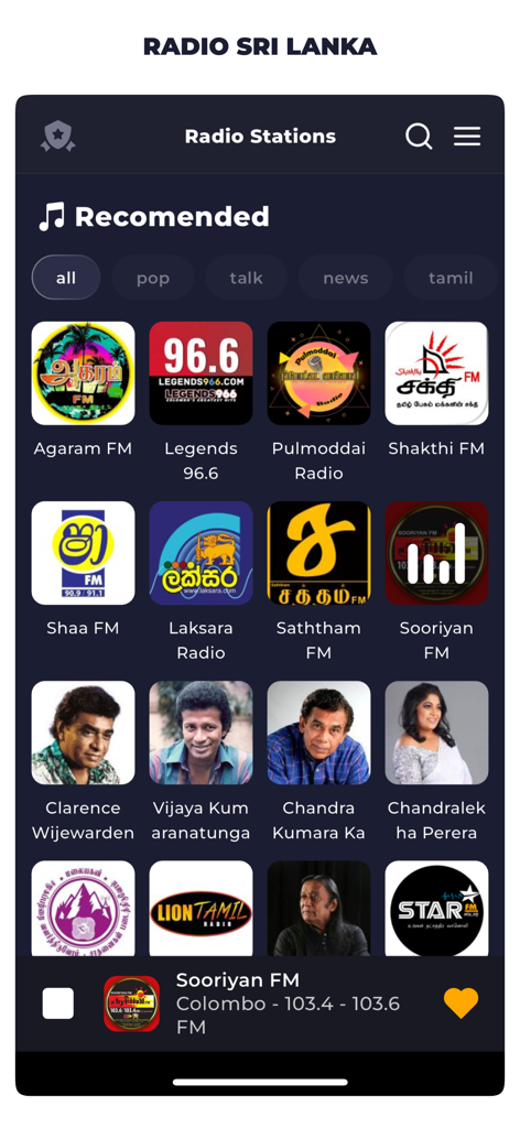 Radio Sri Lanka Live Online FM - Interfaccia dell'app mobile che mostra stazioni radio dello Sri Lanka consigliate e artisti popolari