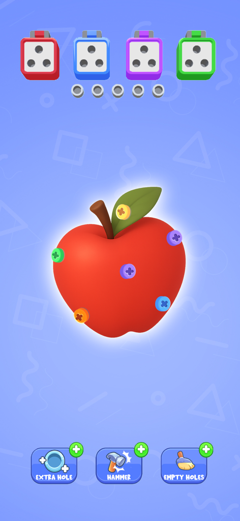 Une pomme rouge 3D avec des vis colorées dans l'interface du jeu Cube Unpuzzle
