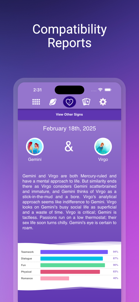Horoscopes - A zodiac compatibility report between Gemini and Virgo in the Horoscopes app showing percentage scores for teamwork and romance.