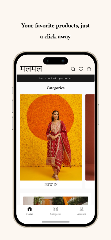 Shop Mulmul app home screen displaying premium Indian ethnic wear for women