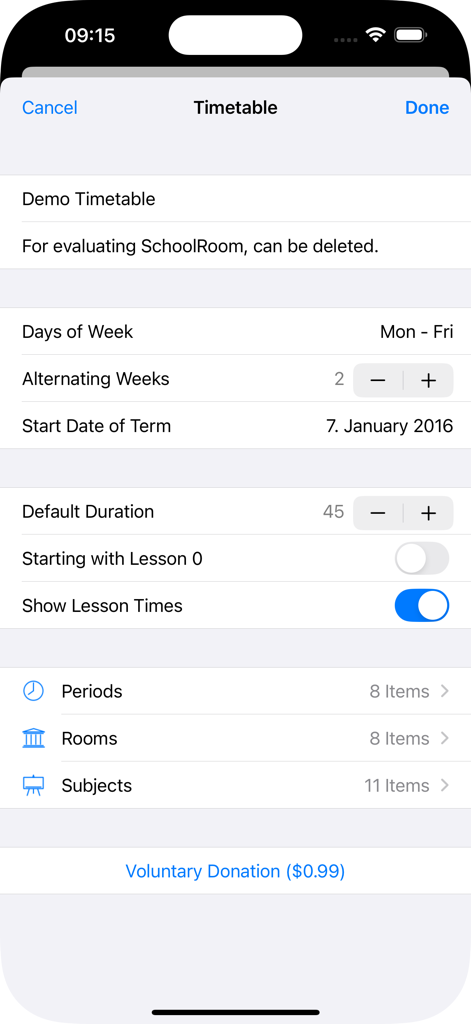 SchoolRoom - Screenshot of the SchoolRoom app showing timetable configuration settings for students
