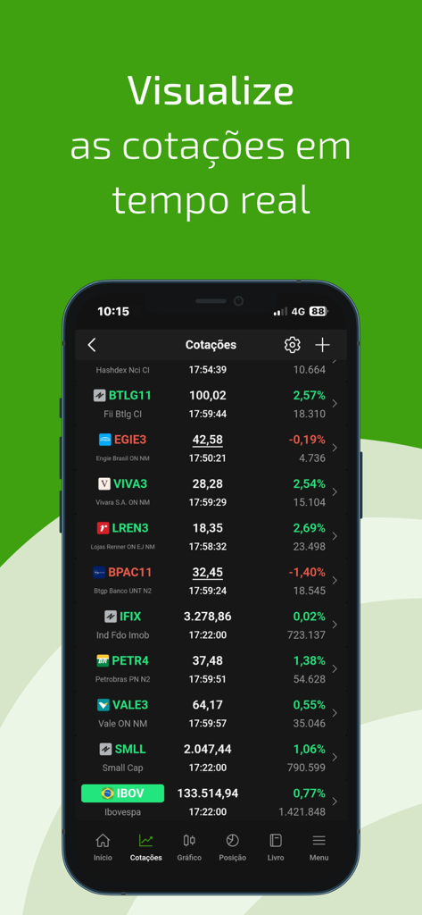 Home Broker Sicredi - Interface de l'application Home Broker Sicredi affichant les cotations de la bourse brésilienne en temps réel et la performance des actifs