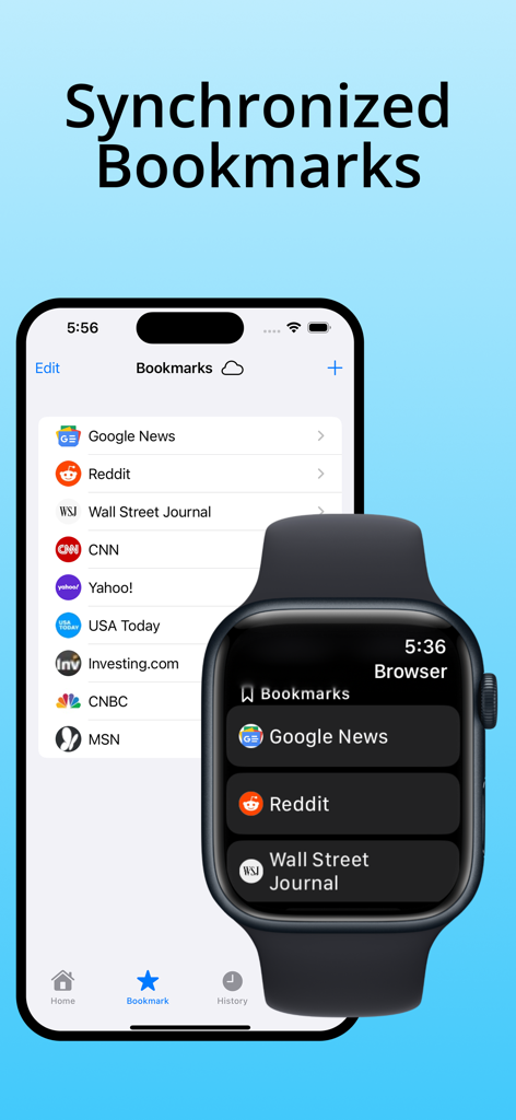 iPhone and Apple Watch showing synchronized web bookmarks through iCloud