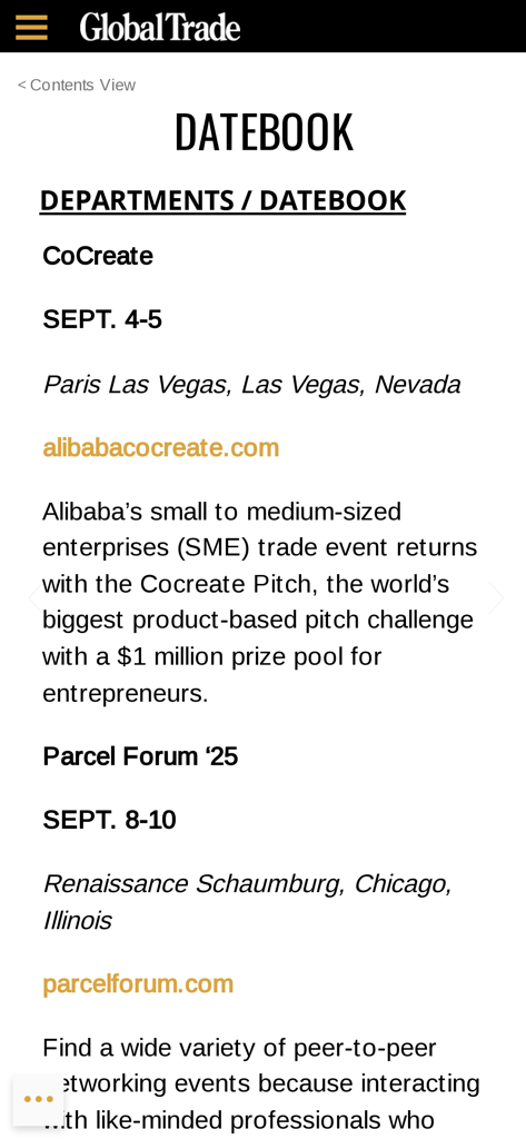 Global Trade Magazine - Global Trade Magazine app showing the Datebook section with upcoming logistics and trade events