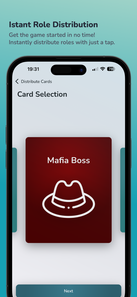 Mafia - Role game - iPhone-Bildschirm mit einer Mafia-Boss-Karte in der Mafia-Rollenspiel-App zur sofortigen Rollenverteilung