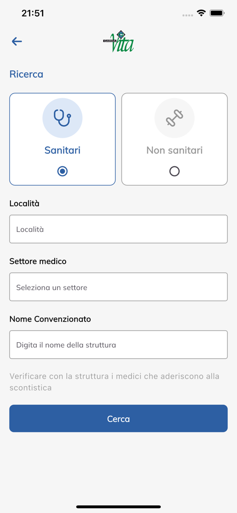 Search interface of the Garda Vita app for finding healthcare and local community partners