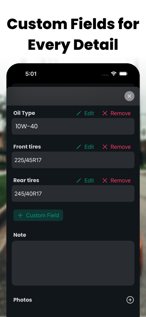 Car Maintenance: ServiceLog - Interface of the ServiceLog app showing custom fields for tracking oil type and tire specifications