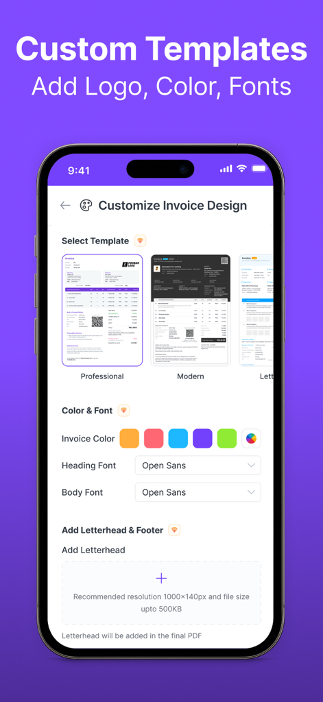 Refrens Invoice maker Bill App - Refrens app screen showing custom invoice design templates with options to change colors and fonts