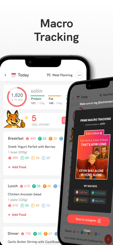 A mobile app dashboard displaying daily macro tracking for meals and a 5-day streak achievement with a share to Instagram option