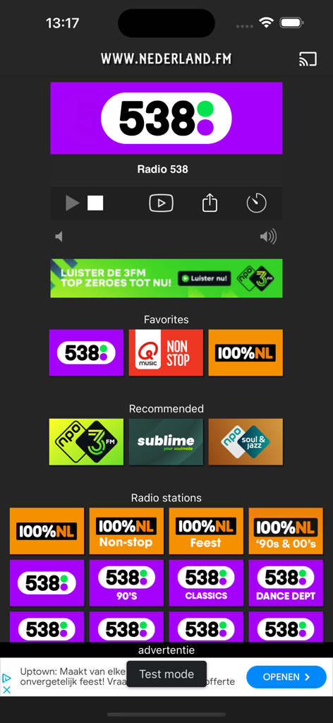 Nederland.FM Radio - Nederland.FM App-Oberfläche, die Radio 538 zeigt, wie es abgespielt wird, und eine Liste von Kategorien niederländischer Radiosender.