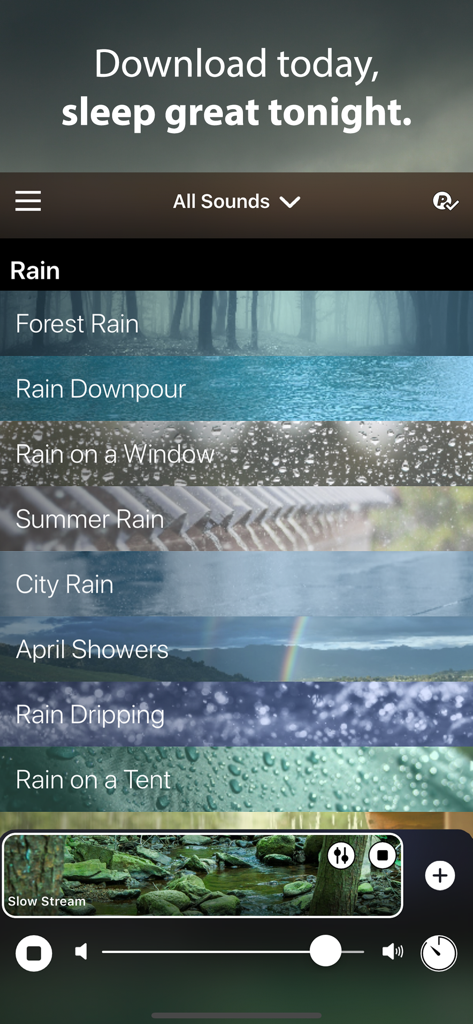Rain Rain Sleep Sounds app interface featuring a library of rain sounds and audio controls