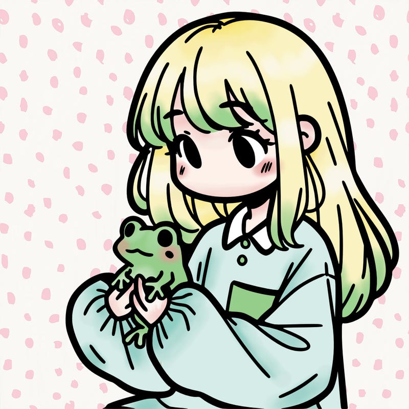 girl with long hair and a oversized shirt. and she is holding a frog