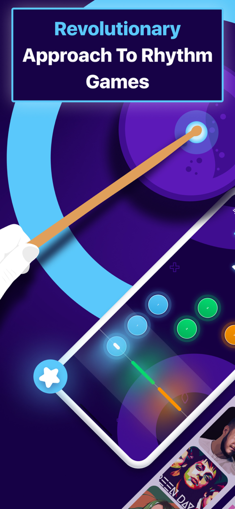 Magic Drums: AI Rhythm Games - Magic Drums mobile app showing a revolutionary rhythm game interface with virtual drumsticks