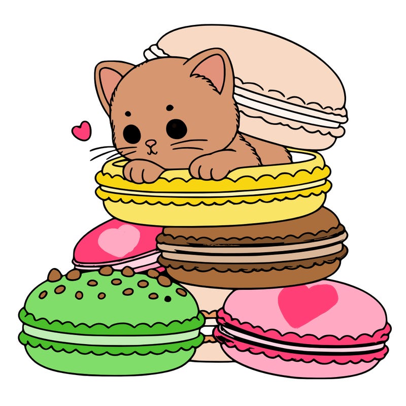 a kitten popping out of a stack of pastel macarons