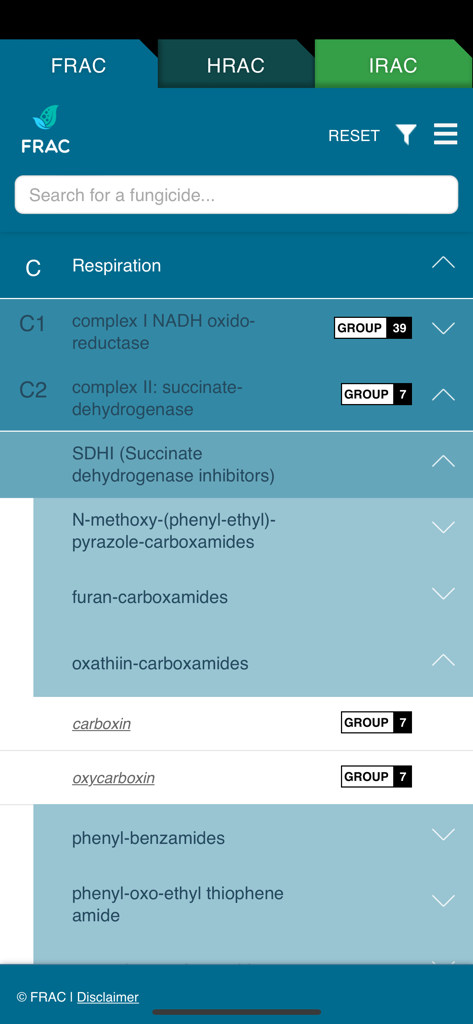 Global Resistance Management - グローバル抵抗性管理アプリでのFRAC殺菌剤分類と作用性検索を表示する画面