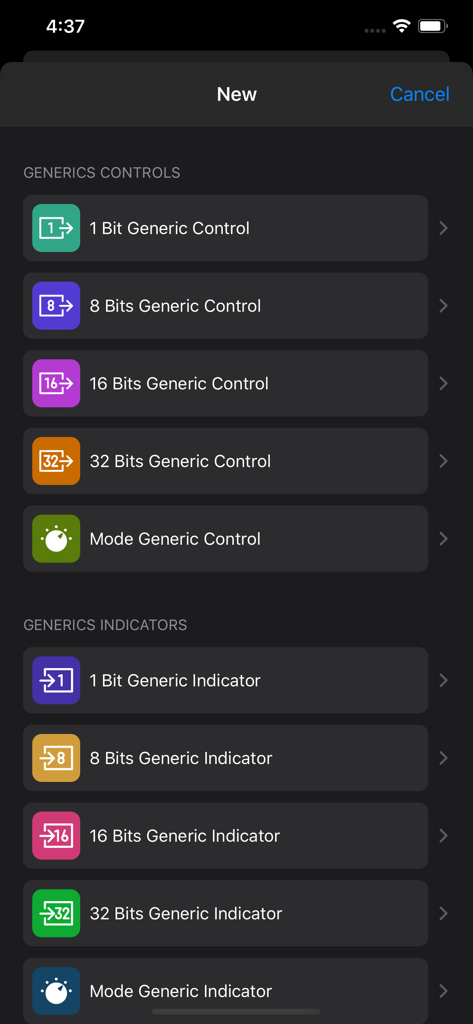 Pantalla de configuración de controles de la aplicación Easy KNX que muestra opciones para añadir controles e indicadores genéricos