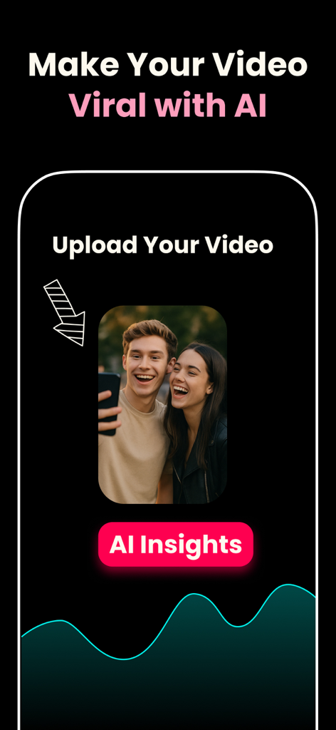 Viral AI: AI Creator Toolkit - Screenshot der Viral AI App, die die Video-Upload-Oberfläche für virale Einblicke anzeigt, mit einem hervorgehobenen Bild eines glücklichen Paares.