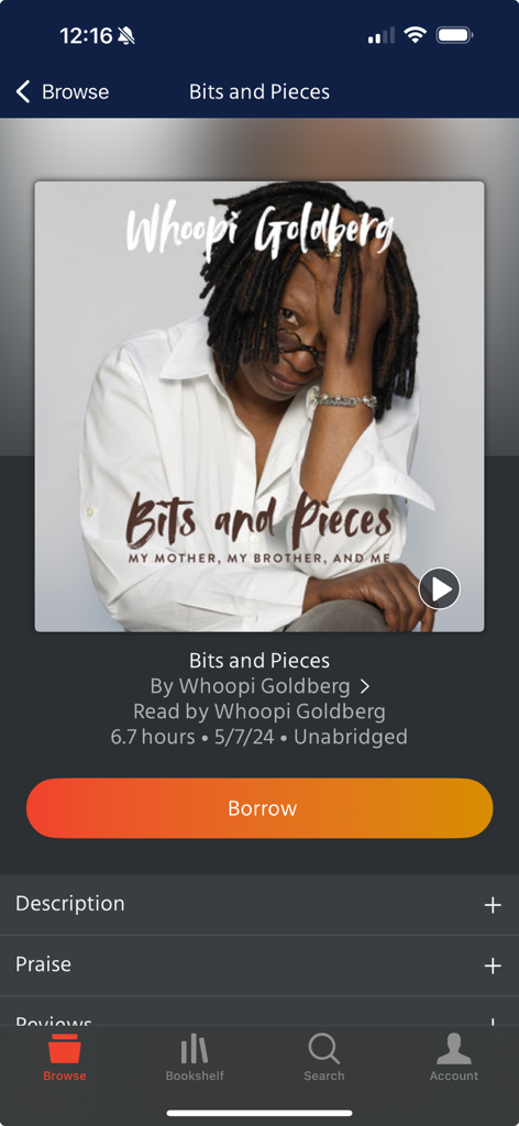 Blackstone Unlimited - Audiobook details page for Bits and Pieces by Whoopi Goldberg on the Blackstone Unlimited app