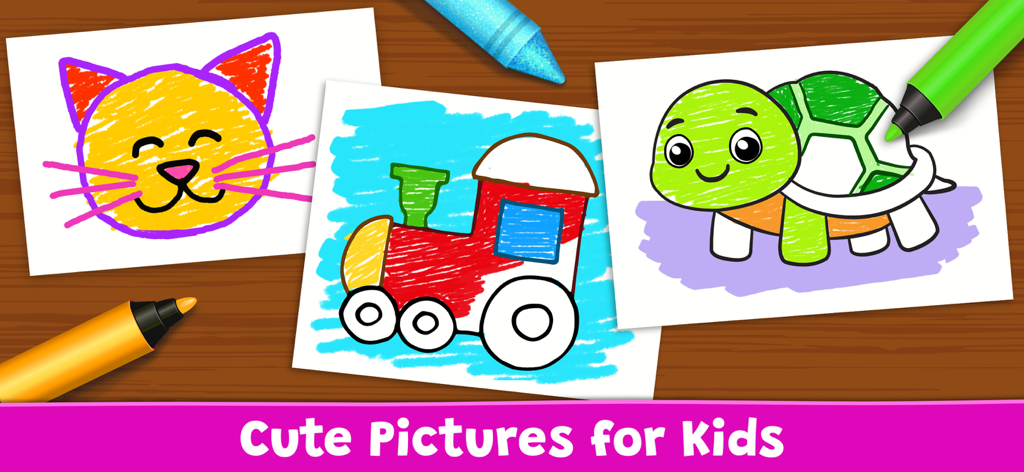 Coloring Games: Painting, Glow - Three colorful children's drawings of a cat, a train, and a turtle on a wooden surface with markers