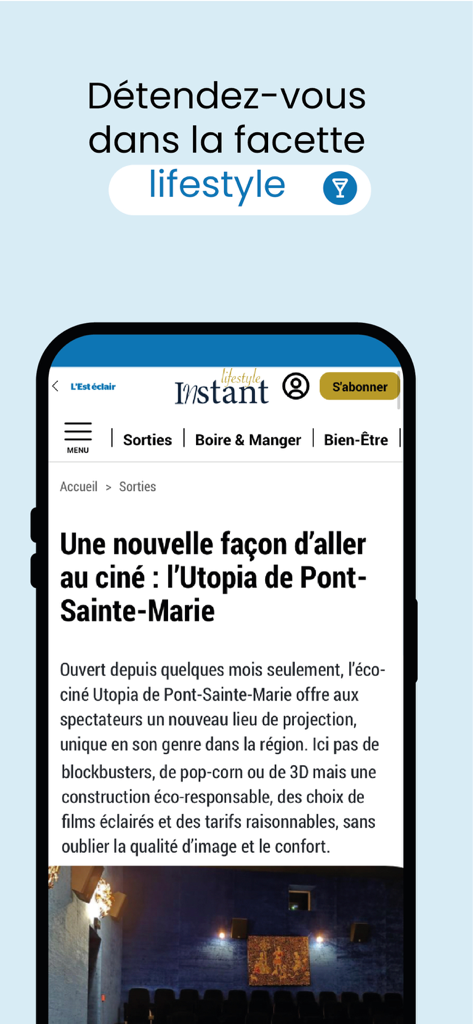 L Est éclair mobile app displaying the lifestyle section and a local cinema article