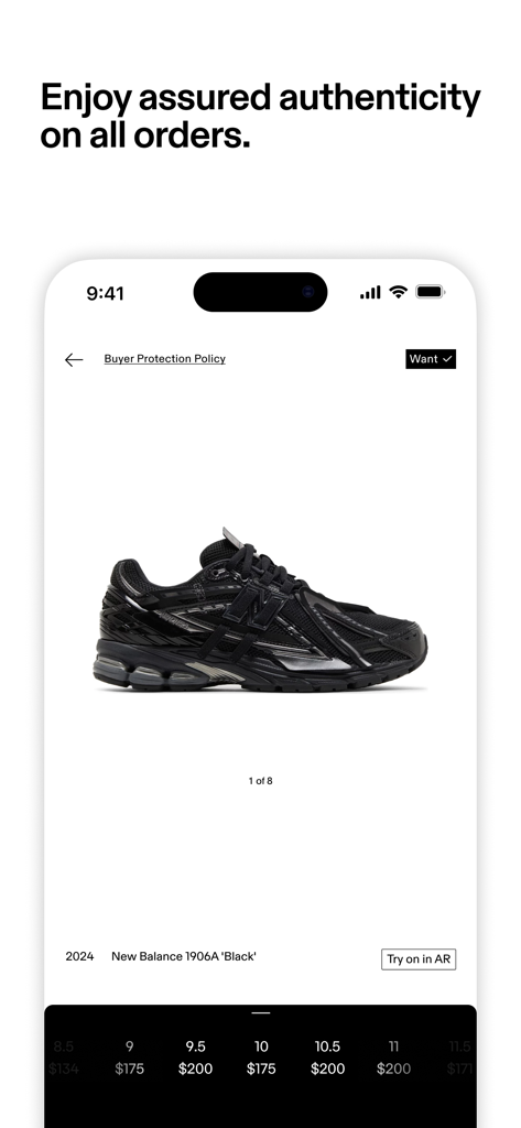 GOAT – Sneakers & Apparel - GOATアプリで、本物であることを保証するブラックのニューバランススニーカーの製品ページが表示されています