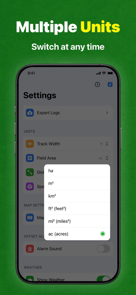 Tractor GPS Field Guidance PRO - Settings screen of the Tractor GPS app showing a list of area units like hectares, square feet, and acres for field measurement.