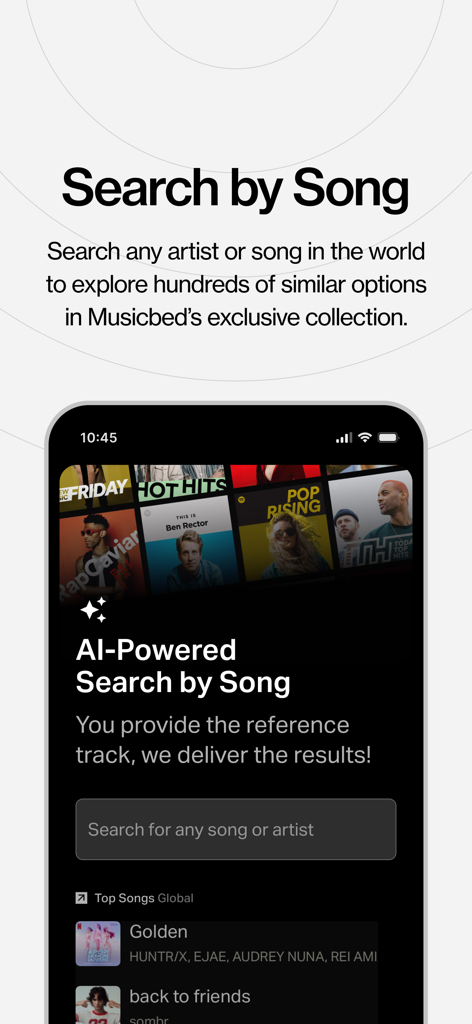 Musicbed mobile app interface showing AI powered search by song feature