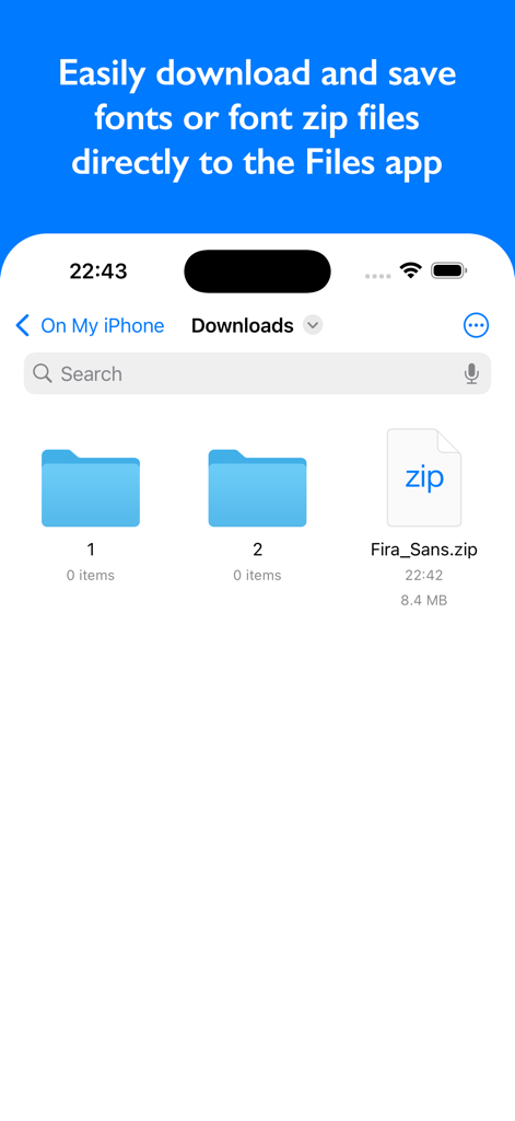 FondFont: Install System Fonts - FondFont screenshot showing font zip files saved in the iPhone Files app downloads folder