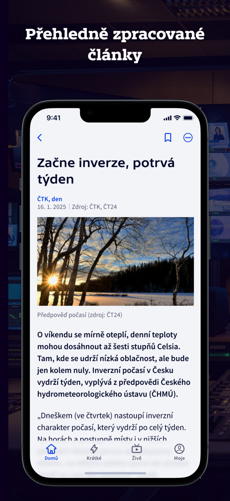 ČT24 - Mobile interface of the CT24 news app showing a detailed article in Czech with a winter landscape image