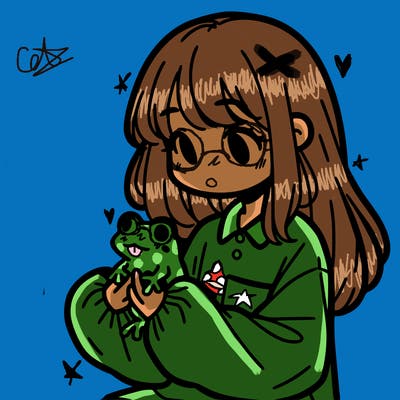 girl with long hair and a oversized shirt. and she is holding a frog