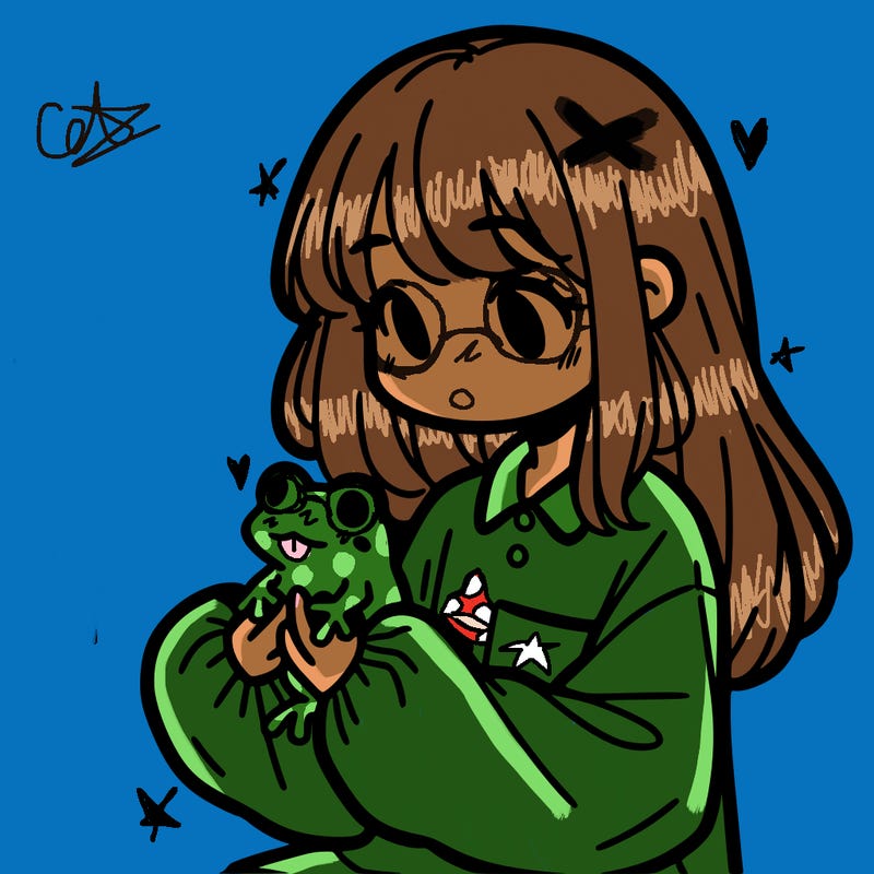 girl with long hair and a oversized shirt. and she is holding a frog