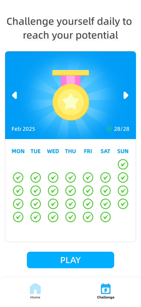 Number Match X - A screen from the Number Match X app showing a completed February 2025 daily challenge calendar and a gold medal