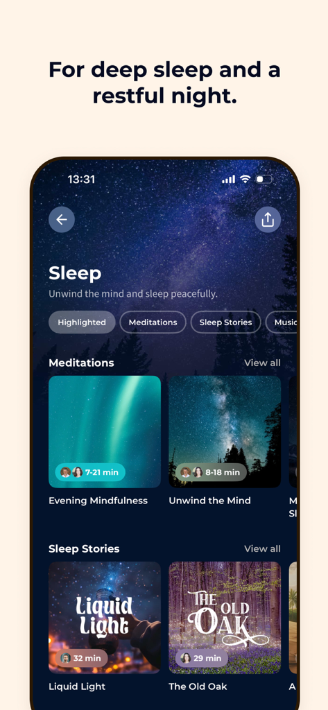 Meditation Moments - Guided - 瞑想の時間アプリの画面。深い眠りのための睡眠瞑想と就寝時の物語を表示