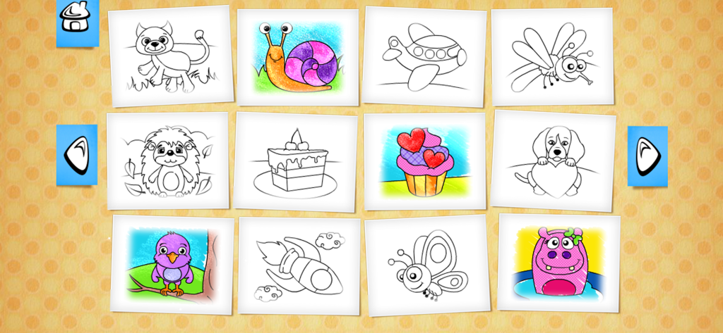 Coloring Book - Fun games - Una selección de menú en una aplicación de libro de colorear para niños que muestra varias ilustraciones de animales y objetos para colorear