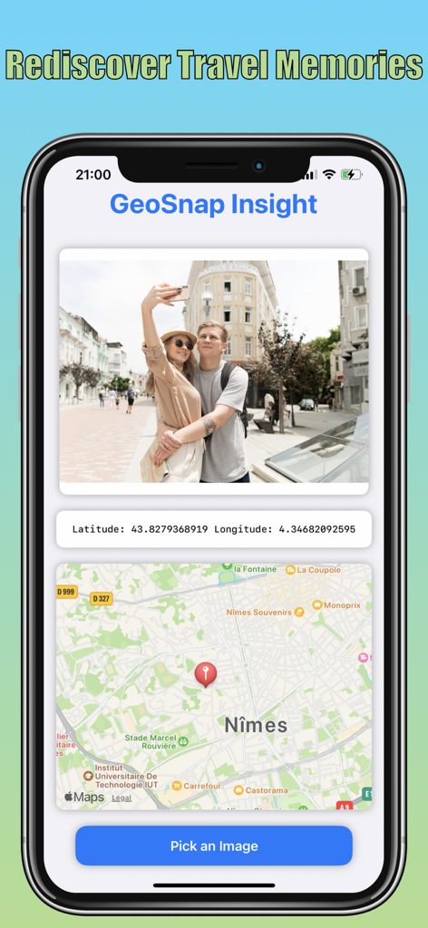 GeoSnap Insight - GeoSnap Insight app interface showing a travel photo identified with GPS coordinates on a map of Nimes
