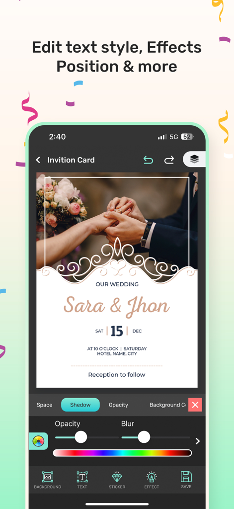 Invitation Maker : Card Maker - Invitation maker app interface showing wedding card editing with text and shadow effects