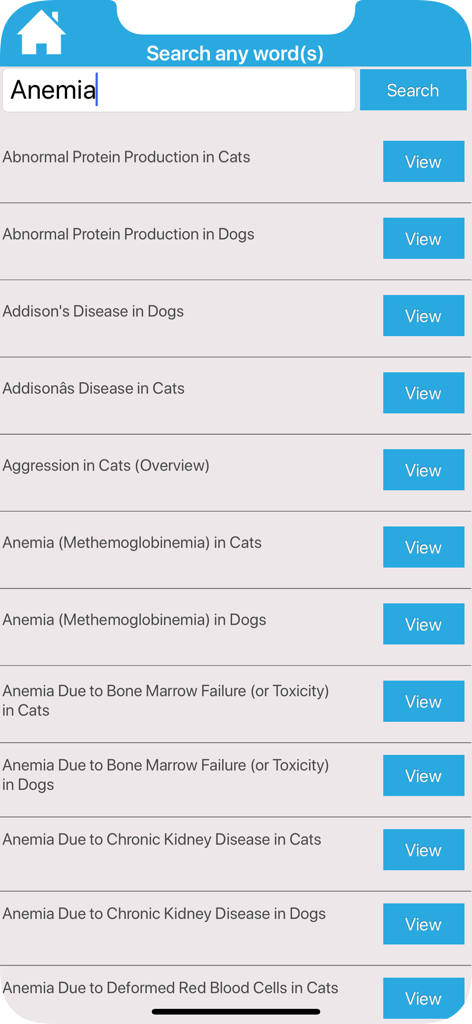 Vet Manualアプリの検索結果画面。猫や犬の貧血などの様々な病状が表示されます。
