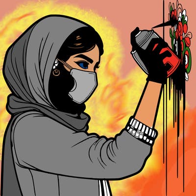 realistic girl with mask spray painting a wall