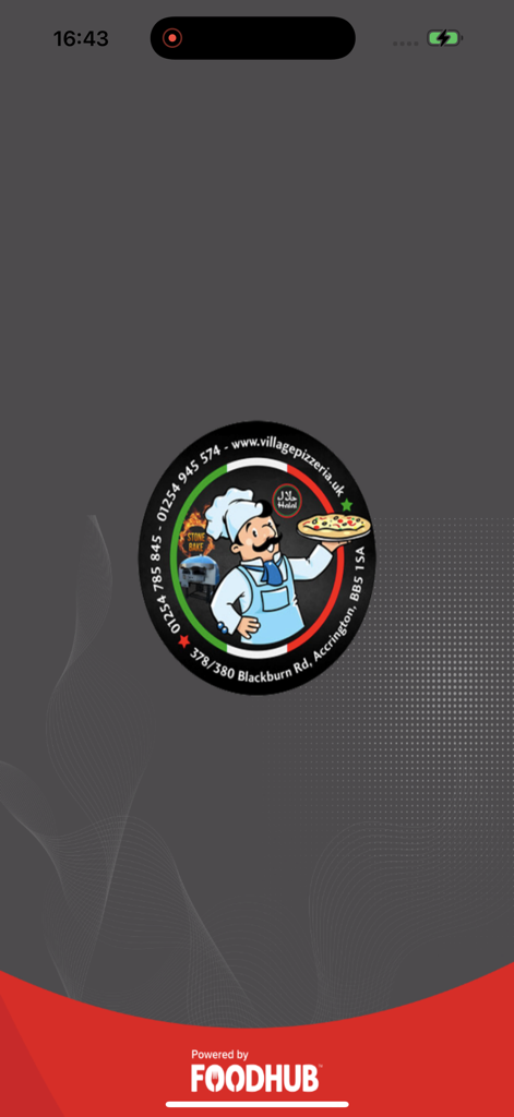 Splash screen of the Village Pizzeria Accrington app with restaurant logo