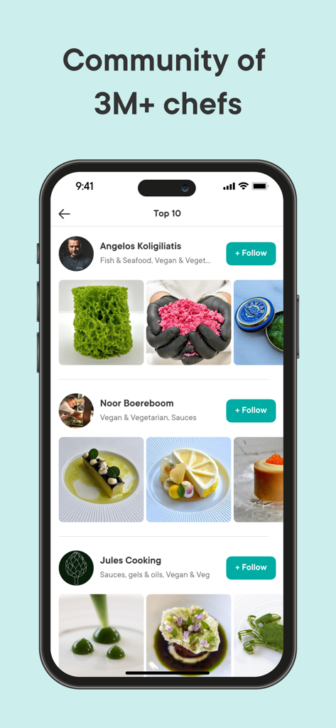 Gronda: Recipes for Chefs - Écran d'application mobile montrant la communauté de chefs Gronda avec des profils professionnels et des créations culinaires haut de gamme.