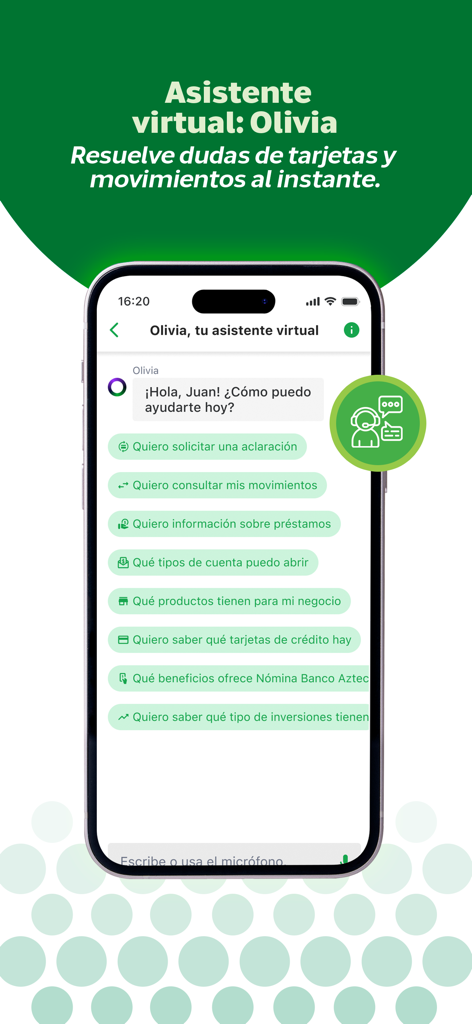 Banco Azteca - Interfaccia dell'app Banco Azteca che mostra l'interfaccia di chat dell'assistente virtuale Olivia in spagnolo.