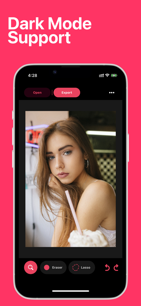 Blemish Remover app interface showcasing dark mode support and photo editing tools