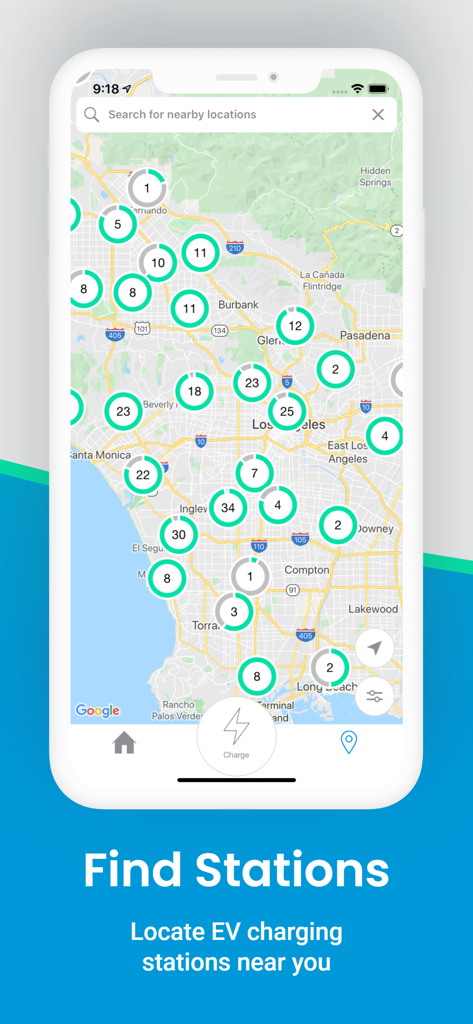 EV Connect app showing a map with nearby electric vehicle charging stations